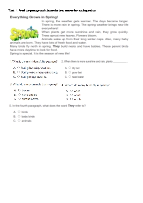 Bài tập Tiếng Anh Lớp 3 - Phần Reading - Task 1